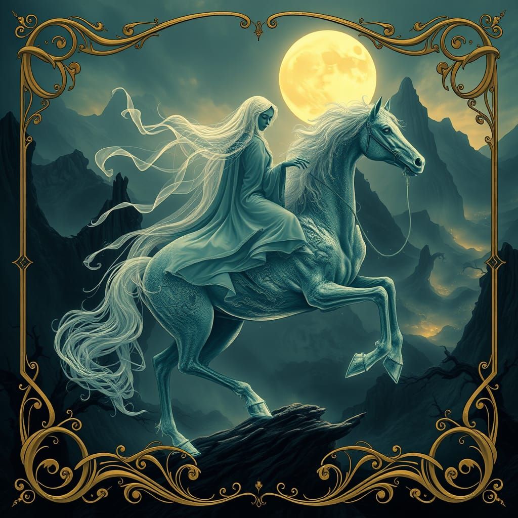 A spectral figure riding a surreal horse, with a dark, twist...