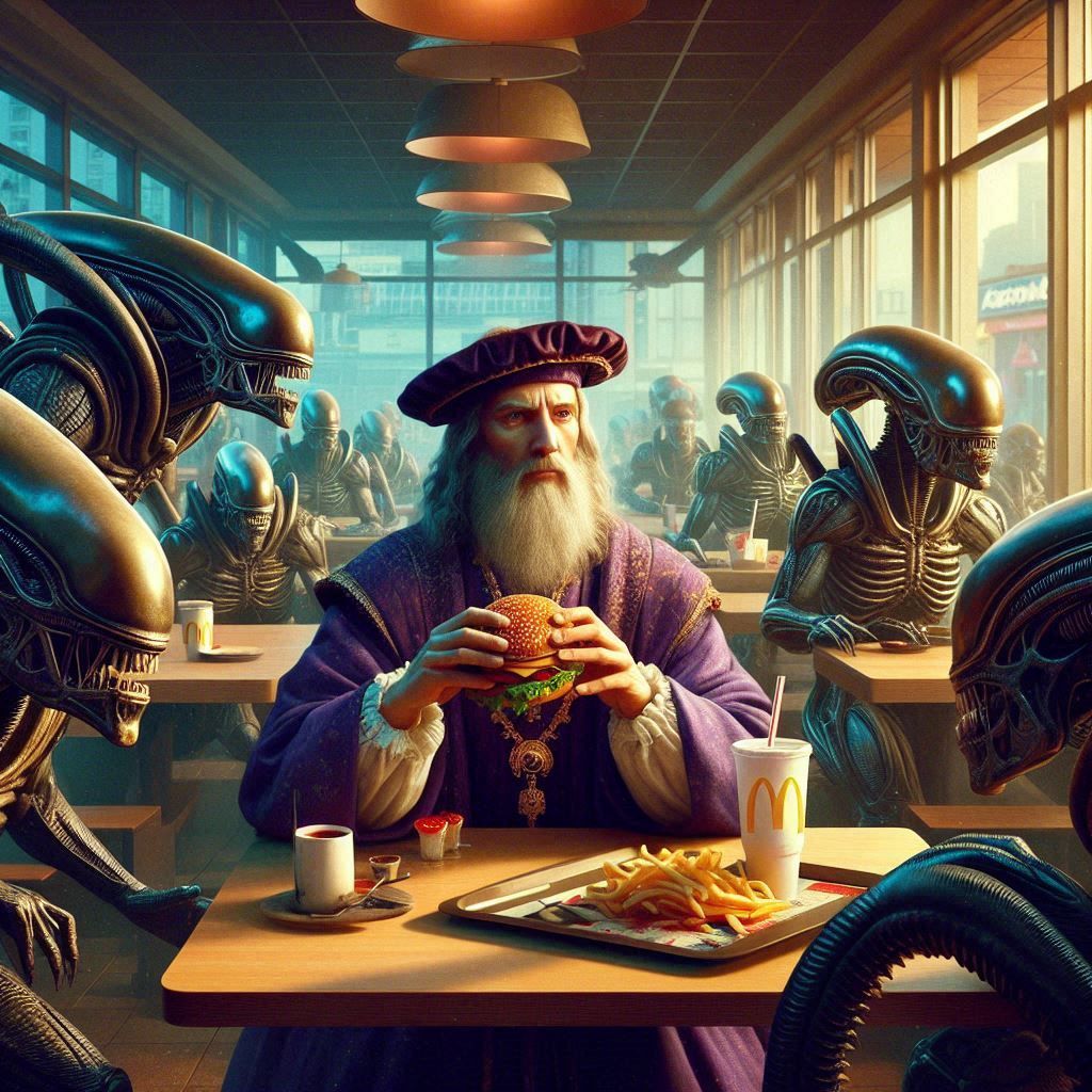 Leonardo da Vinci tries fast food, together with new friends