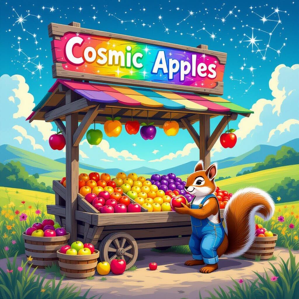 A vibrant roadside fruit stand constructed from driftwood and adorned with colorful, hand-painted signs advertising 'Cosmic Apples' and 'Sta...