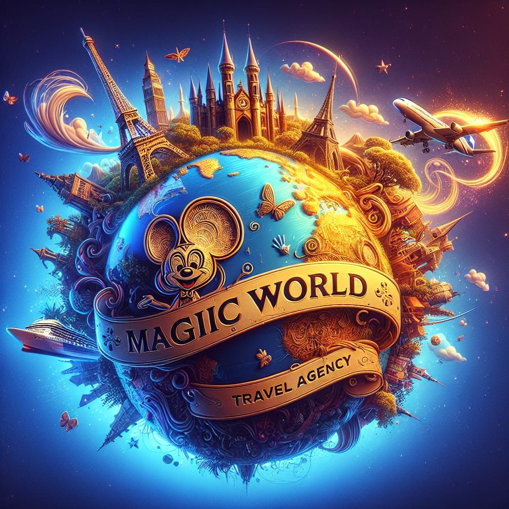 I need an impactful image with bright colors for a travel agency logo. The design should feature a globe with a golden sketch of Mickey Mous...
