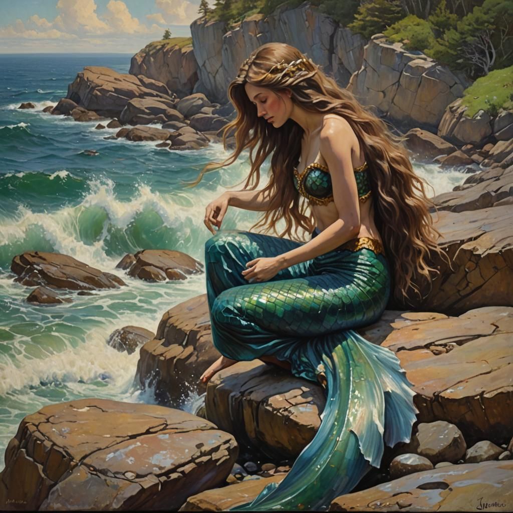 Mermaid brushing her long hair on the rock