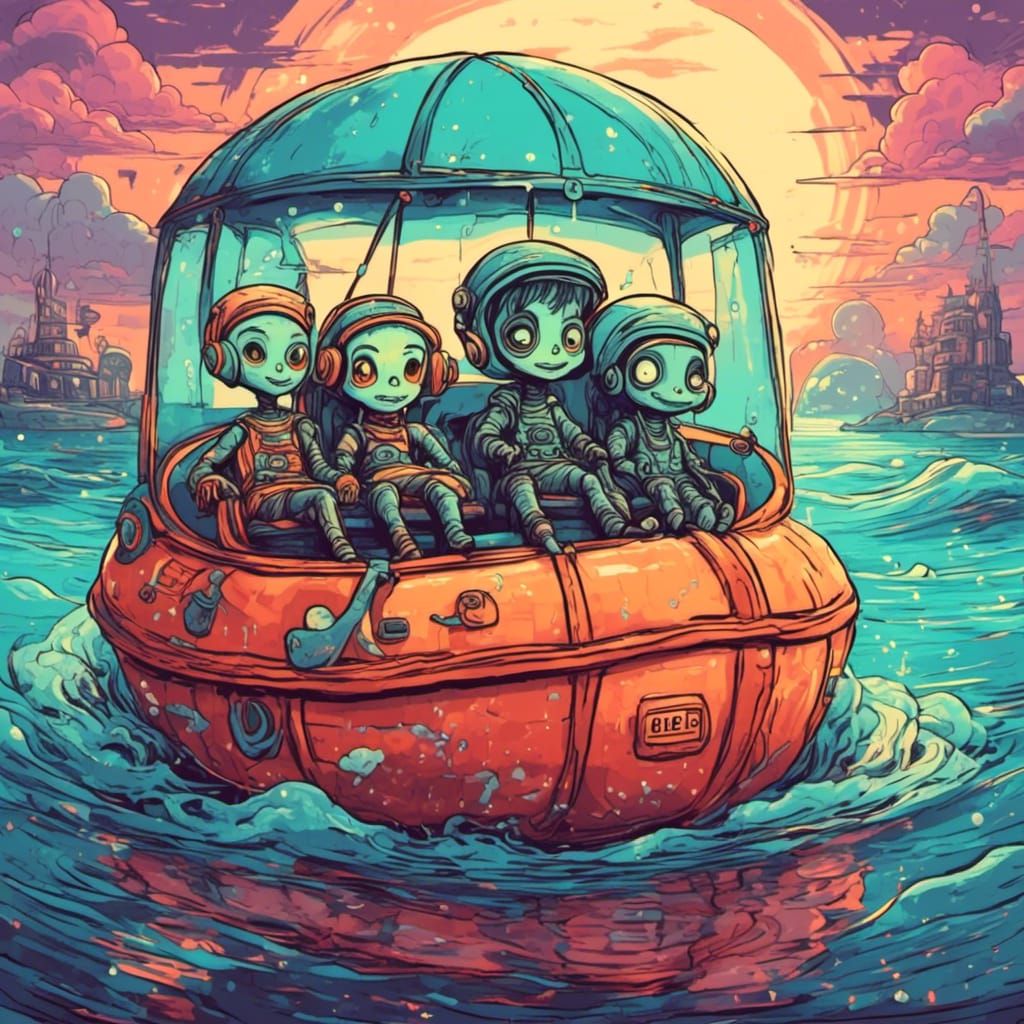 Cute aliens are sitting inside an inflatable life boat. Floating on the ocean at sunset. . <lora:Even more stuff:1.0> 