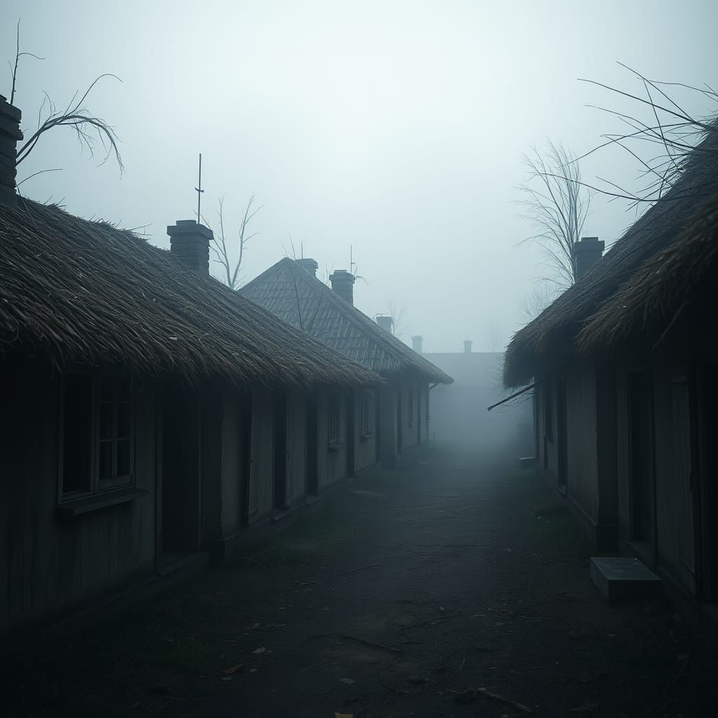 Eerie Twilight Village in Surreal Style