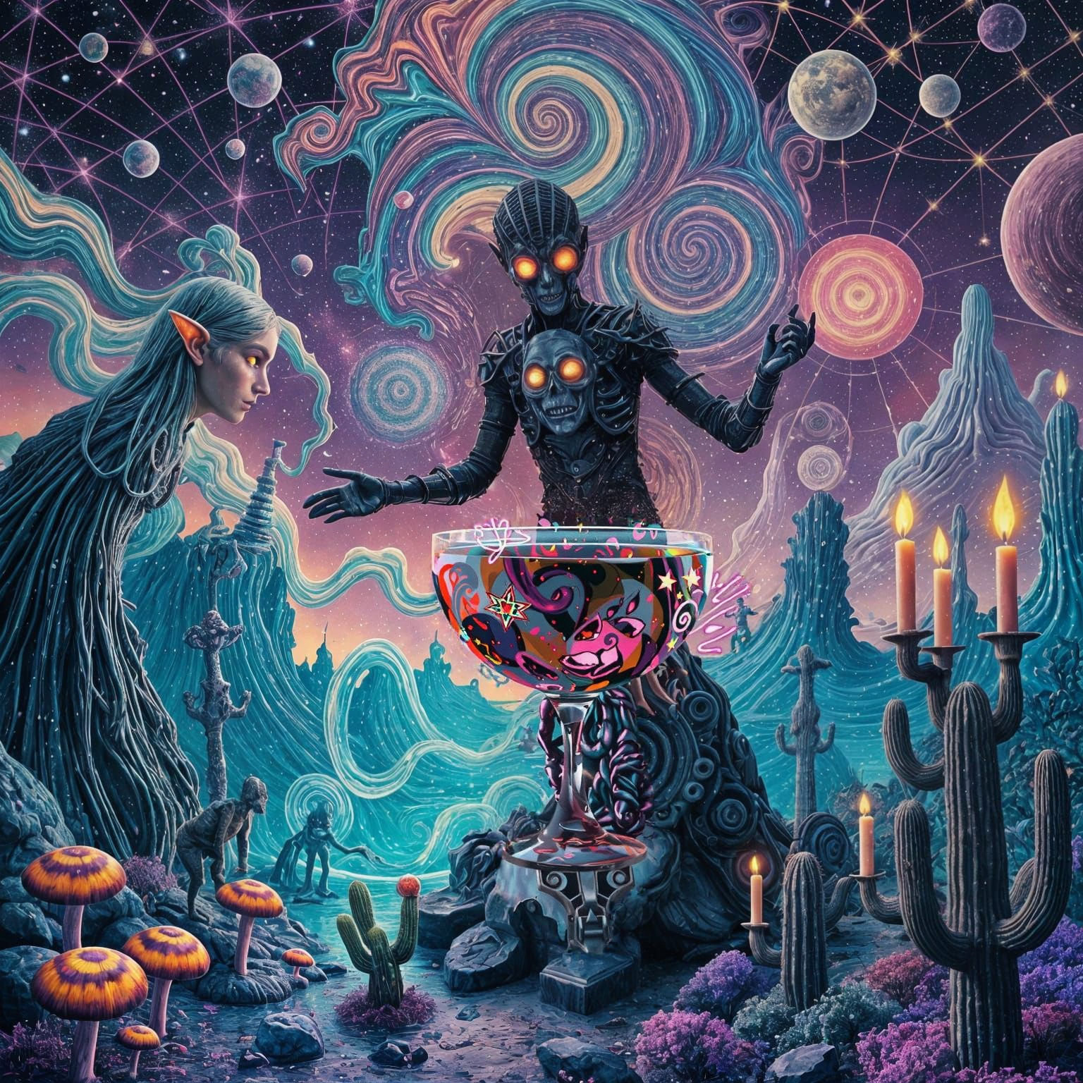 I'm slipping thru multiple dimensions there are multicolored fractals machine elves and a bio mechanical Shadow person with glowing red eyes...