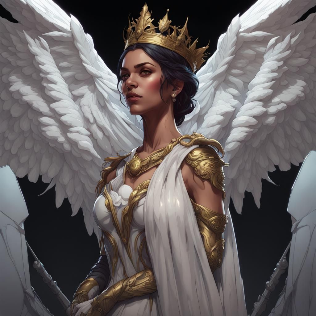 Queen standing with her back with levi . black background