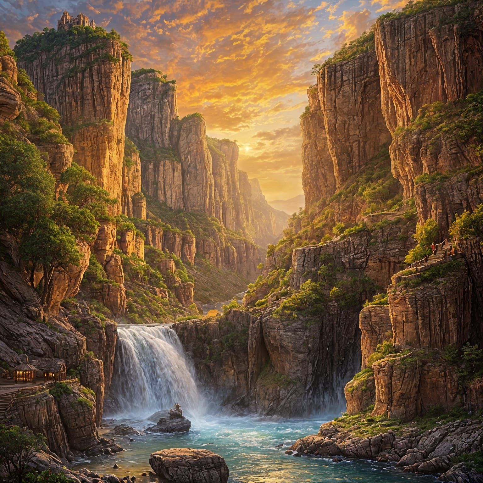 Fantasy Landscape with Fortress and Stone Bridge