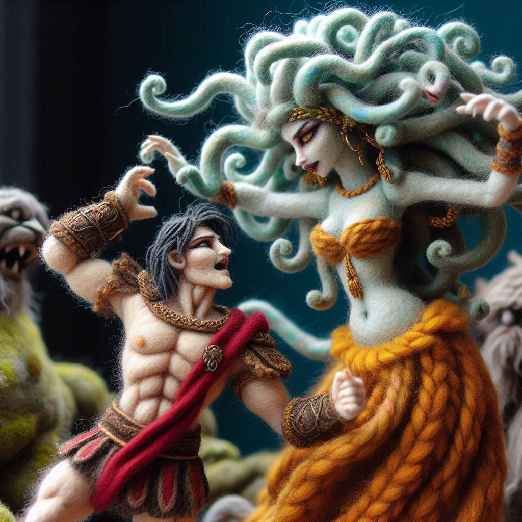 Medusa and Perseus felted friends v2