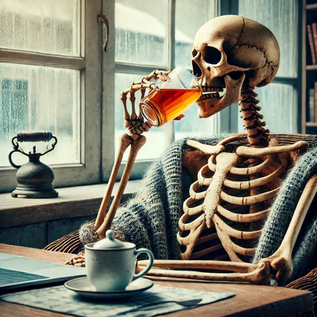 Skeleton drinking tea