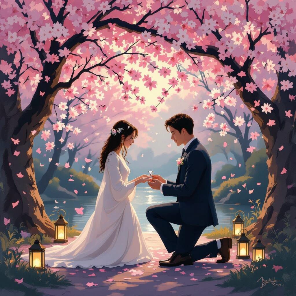 Romantic Proposal Under Cherry Blossoms in Romantic Style