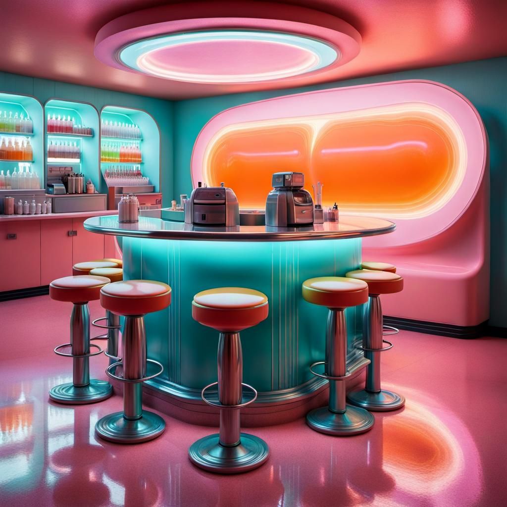 Retro-Futuristic Alien Soda Fountain in Dreamlike Color Fiel...