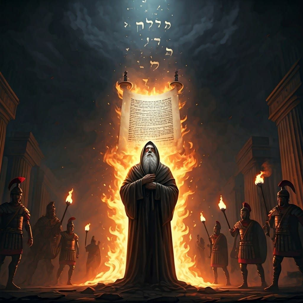 Rabbi Standing Resilient Amidst Inferno, Radiant Hebrew Lett...