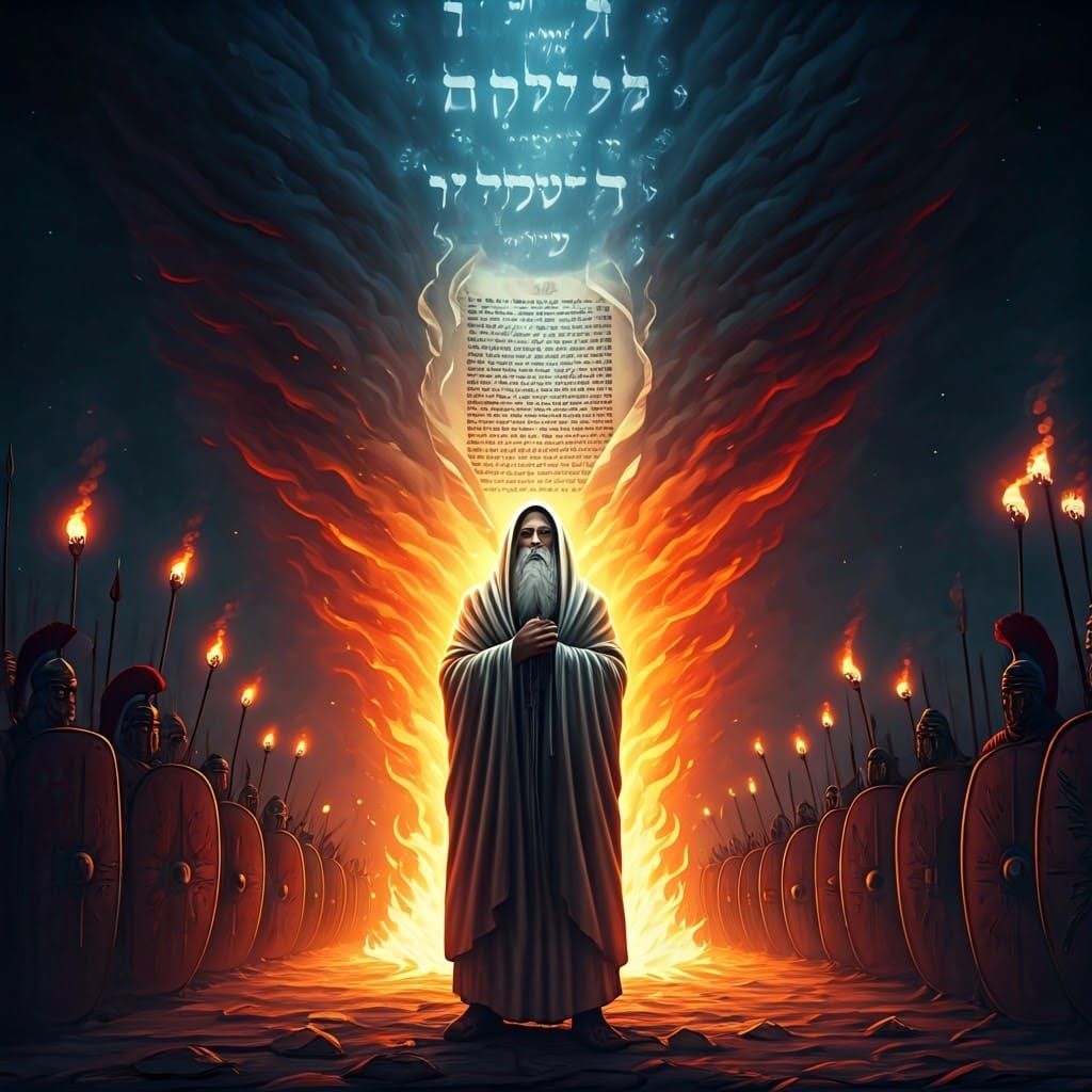 Majestic Rabbi Stands Unwavering Amidst Flames in Deep Jewel...