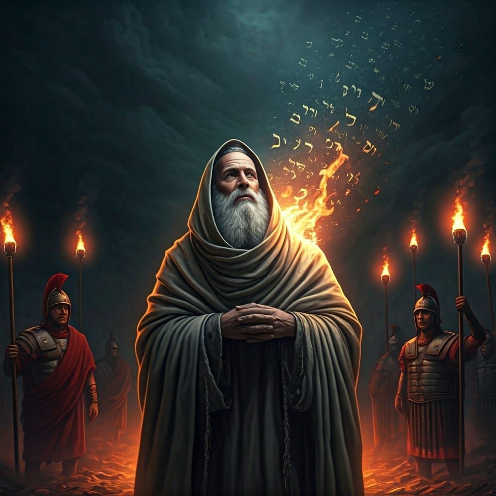 A Rabbi Stands Unwavering Amidst a Fiery Inferno, Surrounded...