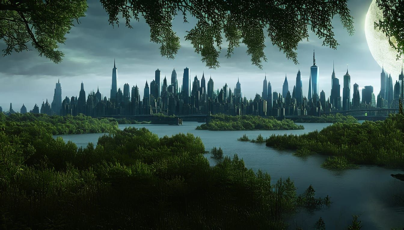 new York city skyline  overgrown by nature