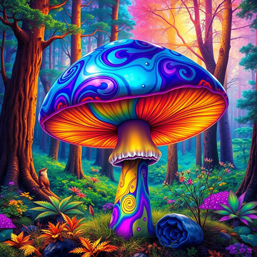mushroom of darkness with color all over it and the background is a forest  full of color and beauty