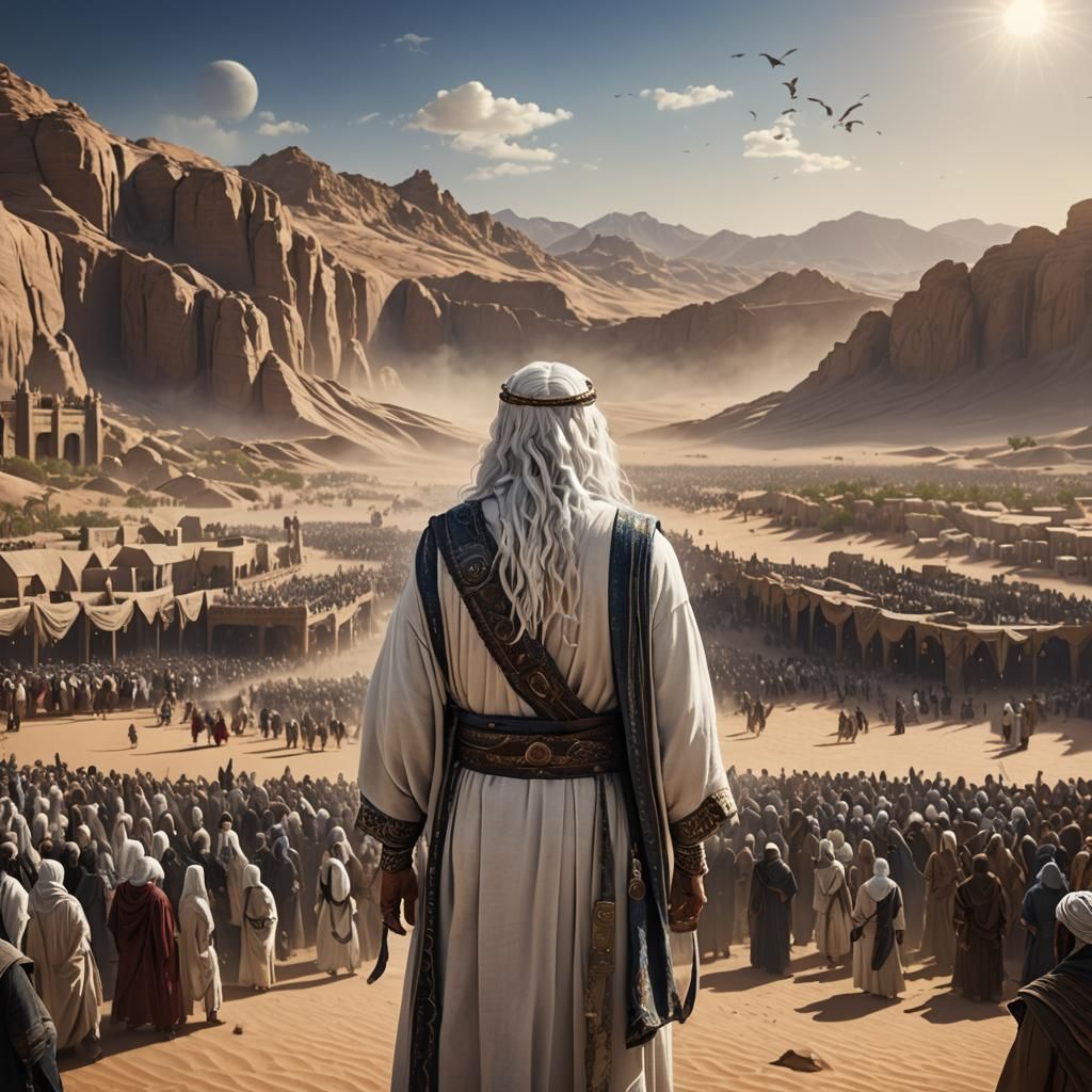 a prophet preaching to a crowd in the desert he has white ha...