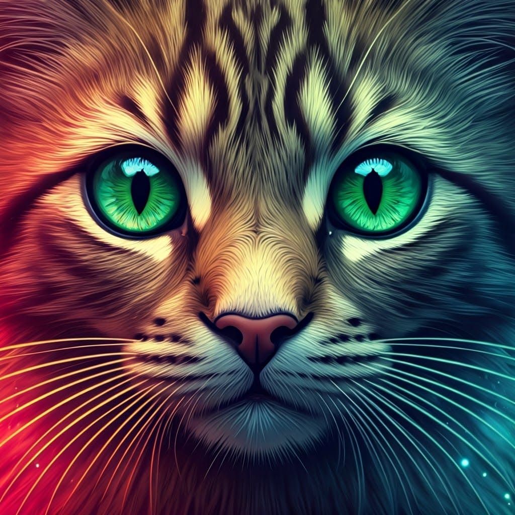 Cat with green eyes. Big sparkling green eyes abstract art complementary colors fine details 8k resolution ...  by @HIKER