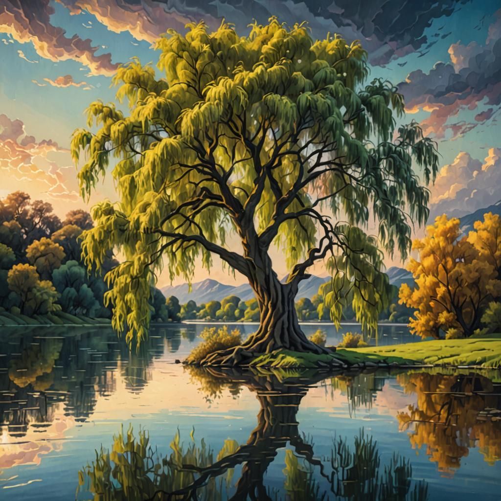 Willow Tree by Lake: Digital Illustration in Oil
