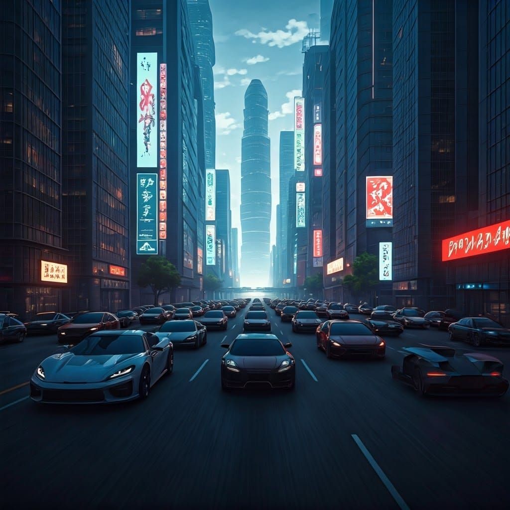 Cyberpunk Highway in a Futuristic Metropolis