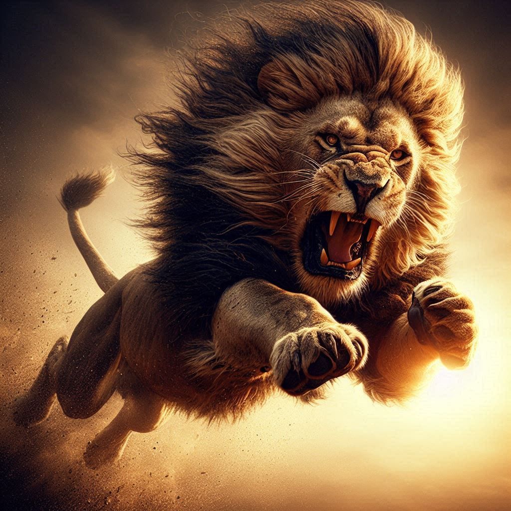 A ferociously majestic Lion in mid-air, his powerful body po...