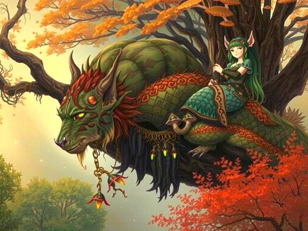 Elf with her Beast, relaxing in the magic forest