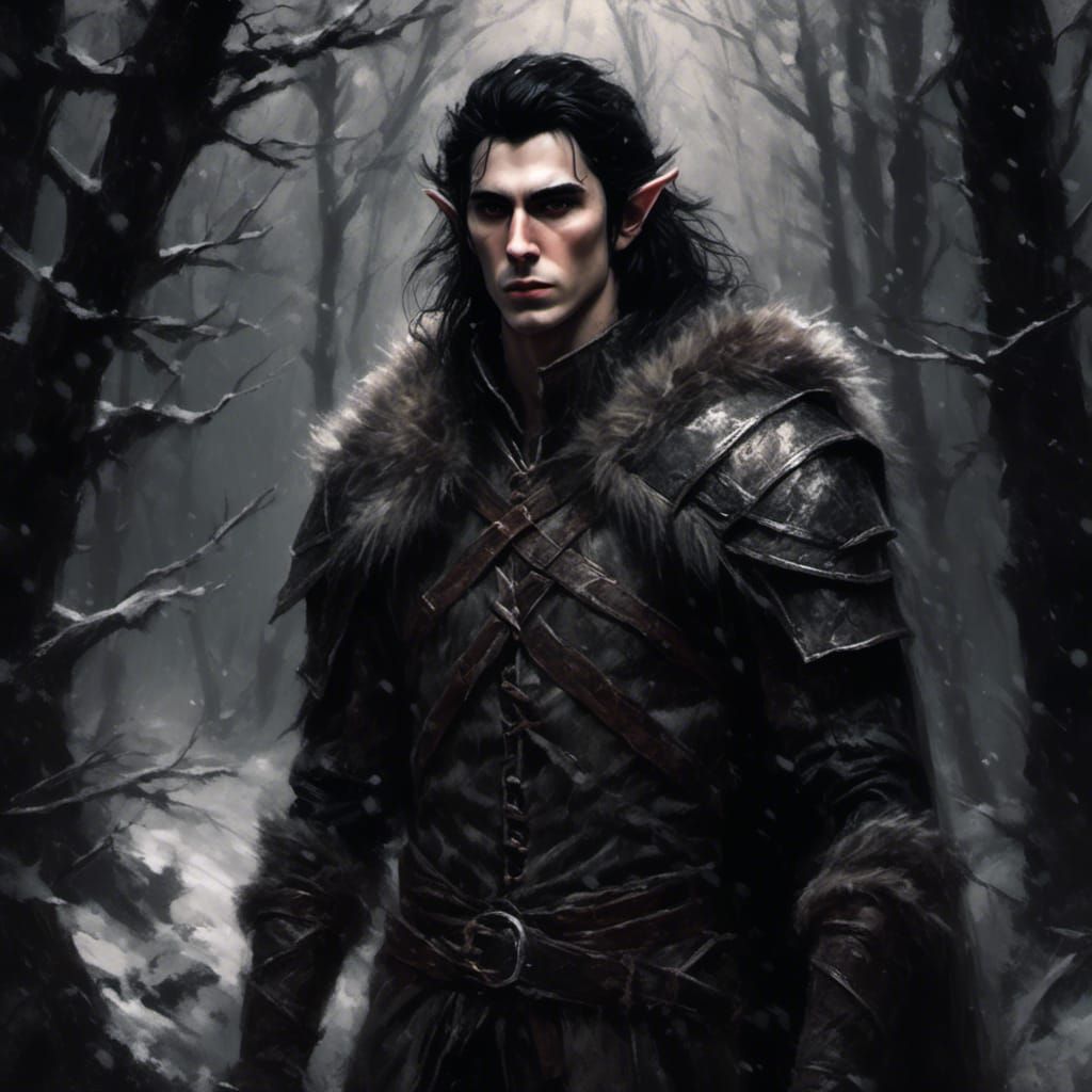 Male elf, pointy ears, long flowing dark hair, brown eyes, fair ...