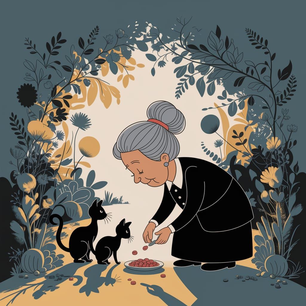 Granny feeding her cats  by @Tolino