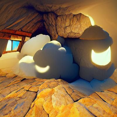 cave mountain sky -stone hut- cloud- sun- moon