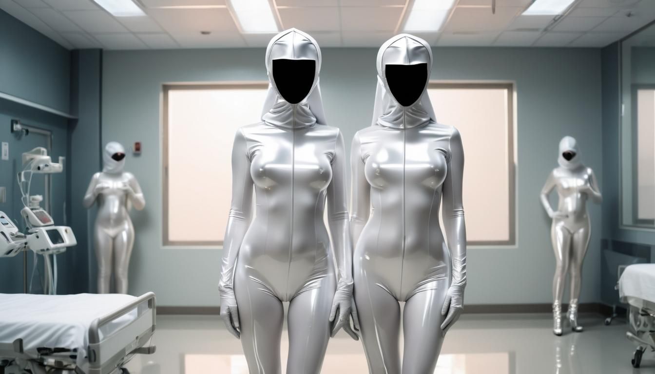 2 Female Zentai Nurse drones, shiny reflective white latex Z...