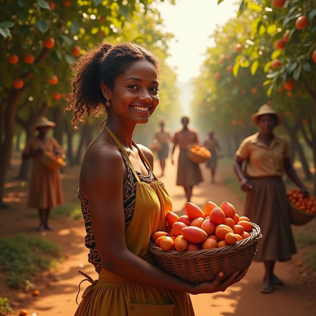 A beautiful woman is holding a basket of cocoa fruit happily...
