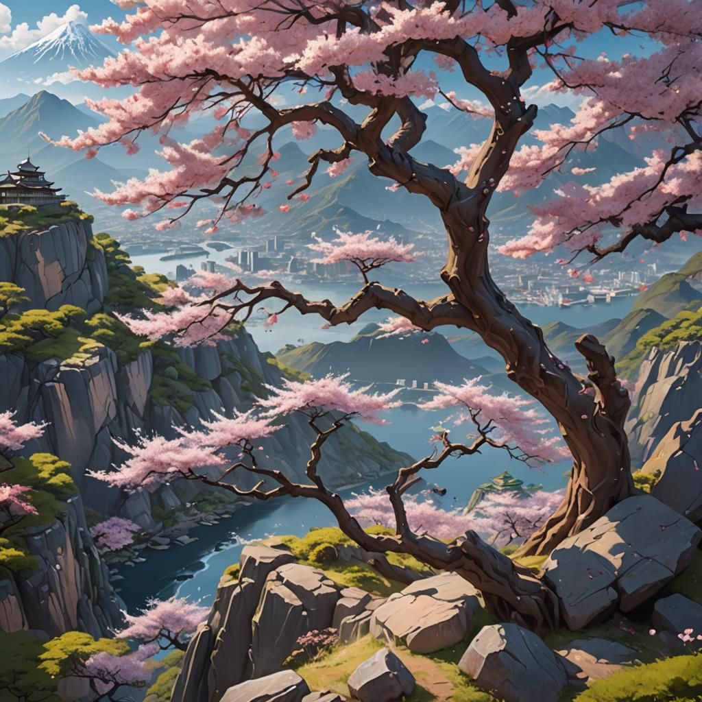 A beautiful ancient sakura tree on the Mountain Cliff