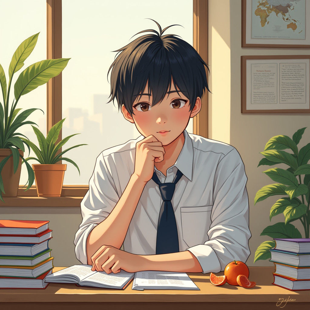 Korean Student in Cozy Study Room, Contemporary Art Style