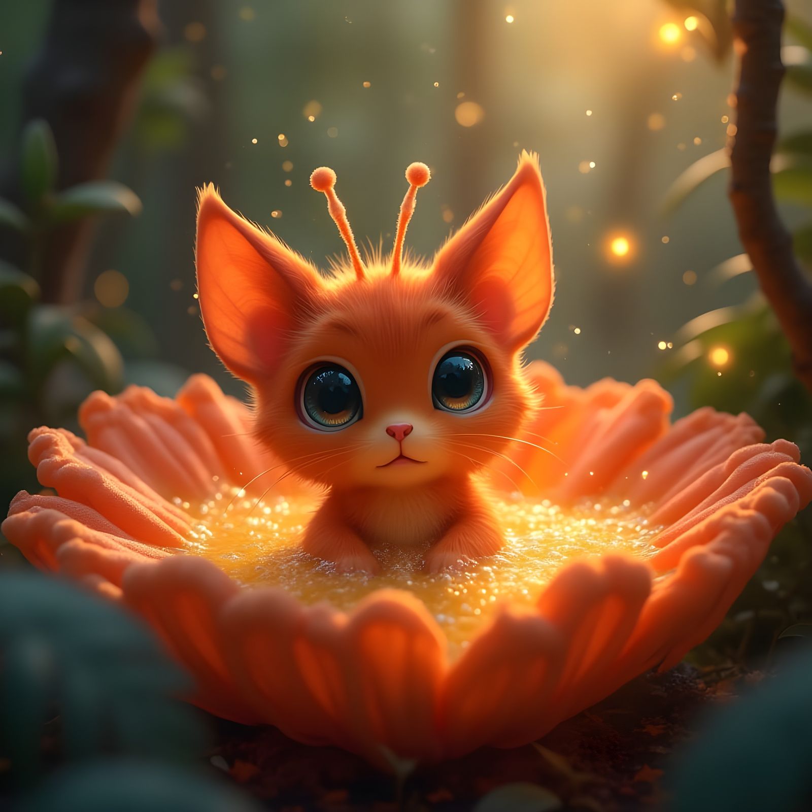 Vibrant Moth-Cat in a Dreamy Bioluminescent Bath