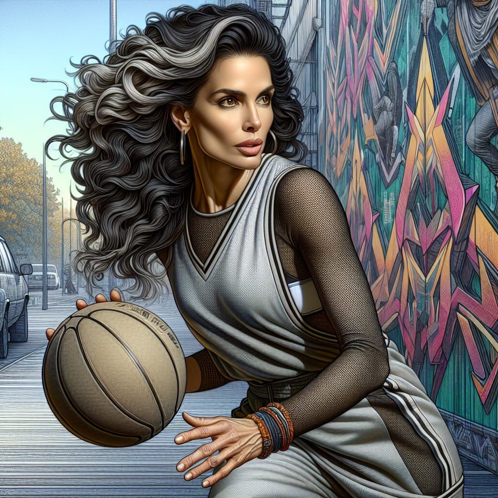Elegant Woman Plays Basketball in Vibrant Urban Setting