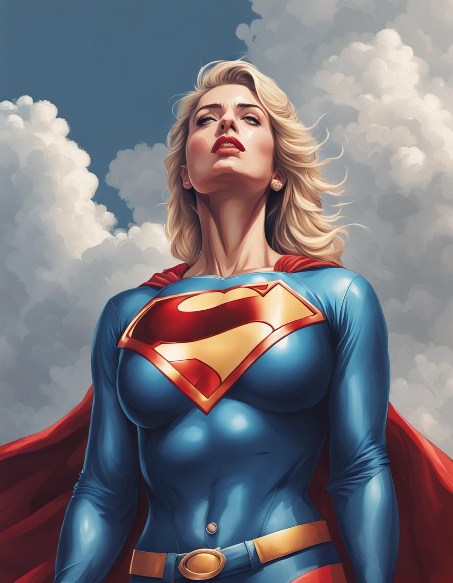 a woman dressed as superman standing in front of a cloudy sk...