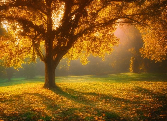autumn glow, oak tree leaves changing colors, golden hour
