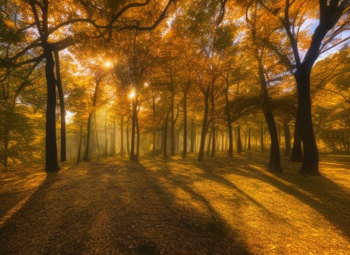 autumn glow, oak tree leaves changing colors, golden hour