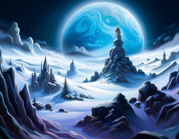 Frosty planet with frosty moon  by @Katha