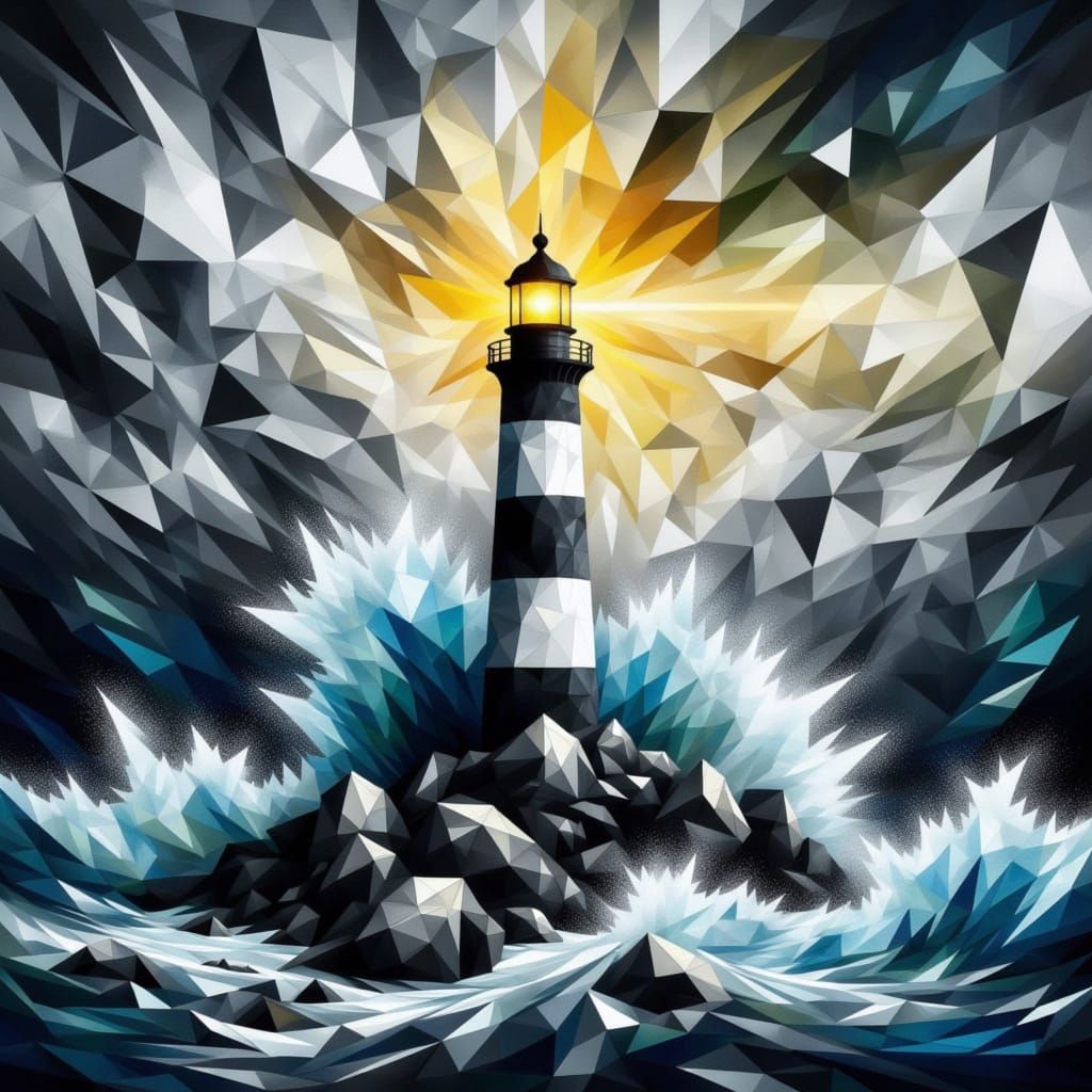 <lora:GeometricAbstraction:1.0> An abstract artwork portraying a lighthouse smashed by waves in a storm, crafted with geometric shapes, pred...