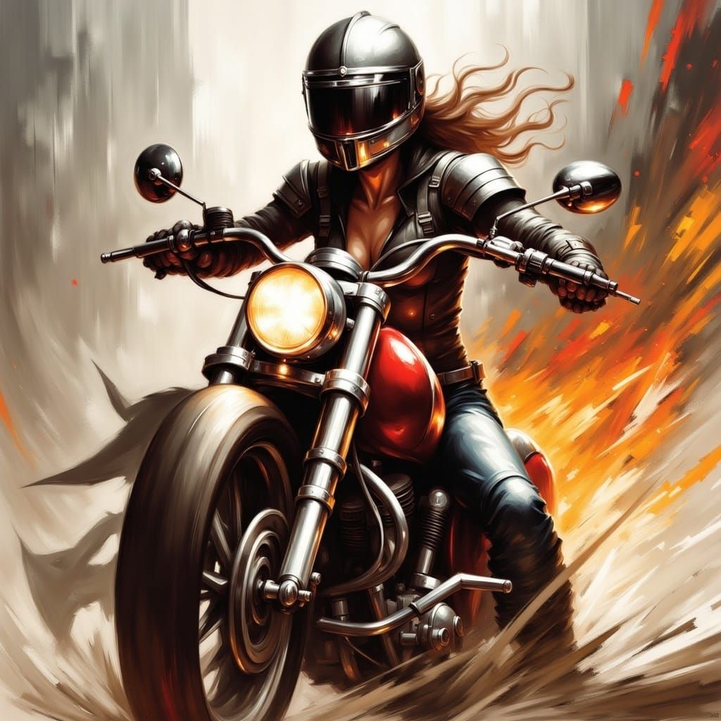 <lora:The Swanland Flux:1.0> A rad lady riding a cool motorcycle