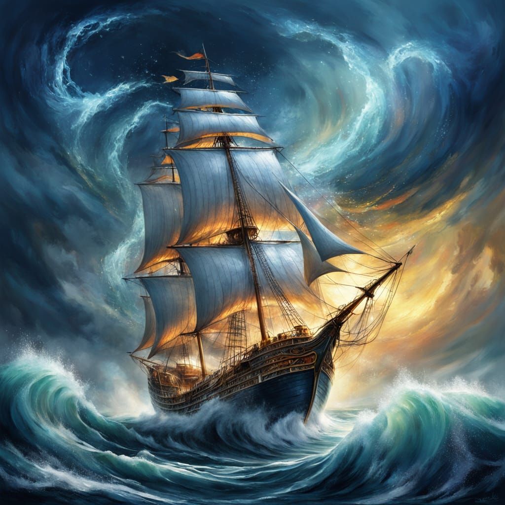 Ancient Ship in a Bottle in Stormy Seas