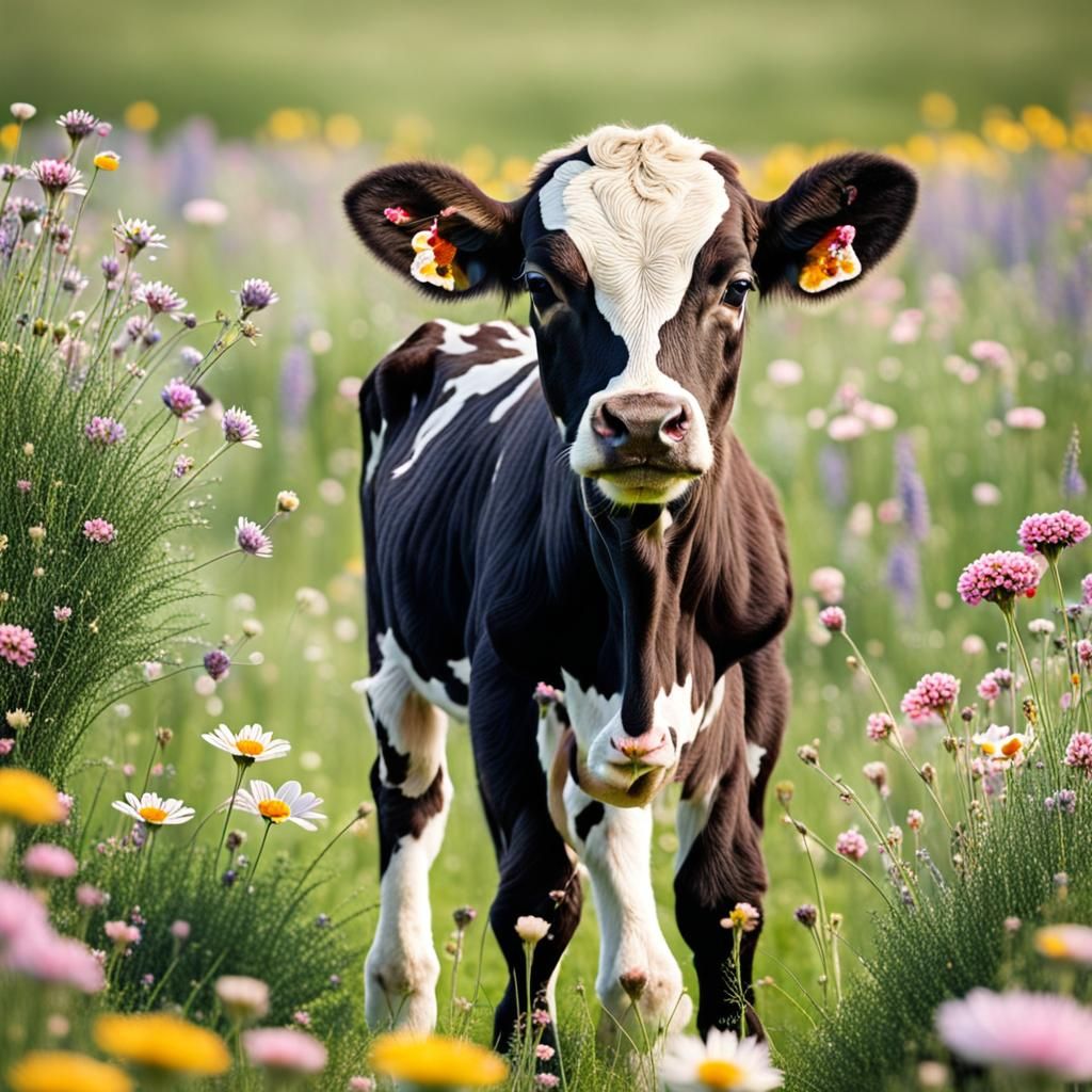 A cute calf in a flower meadow