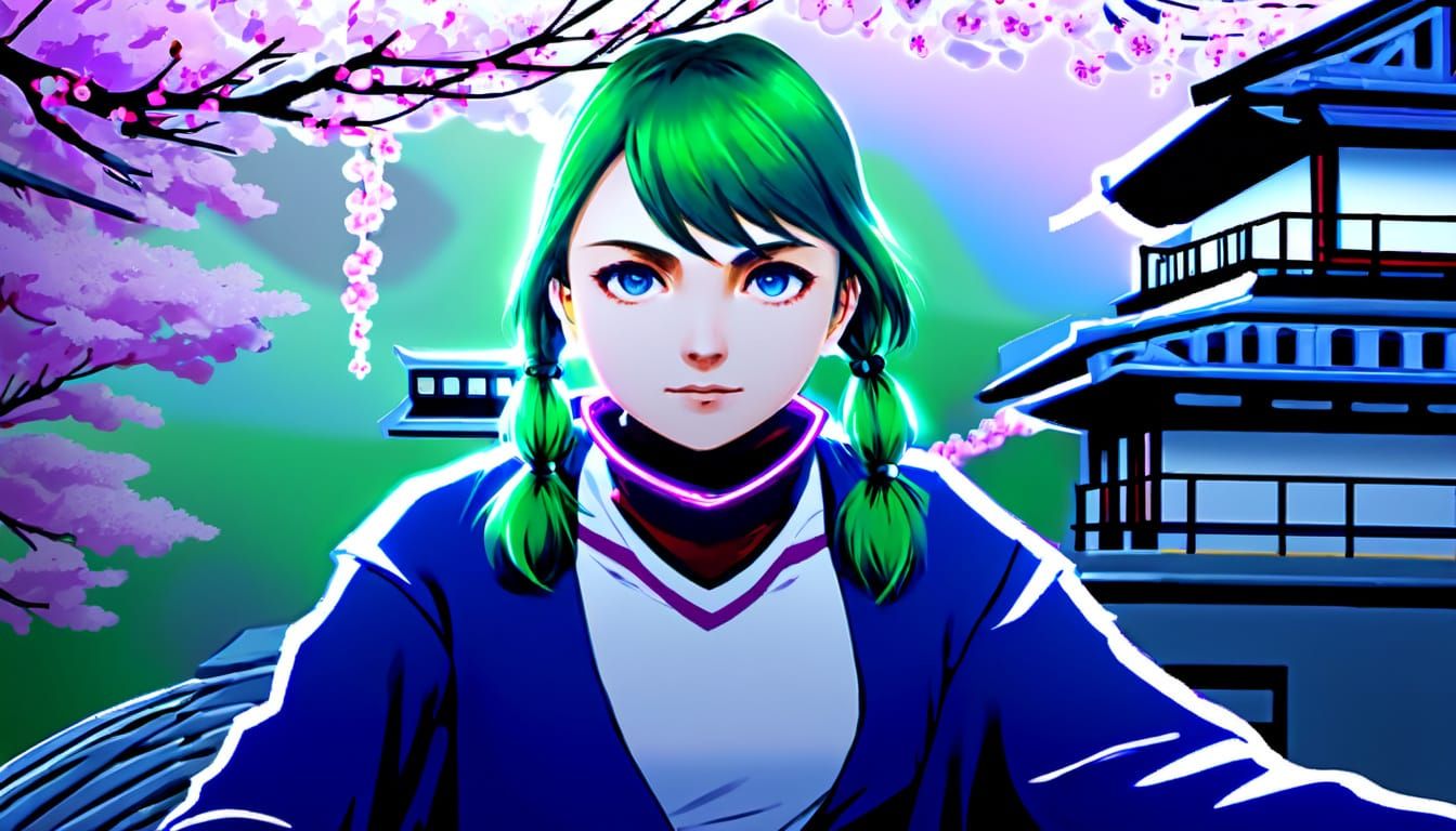Vibrant Anime Girl Amidst Misty Cherry Blossoms