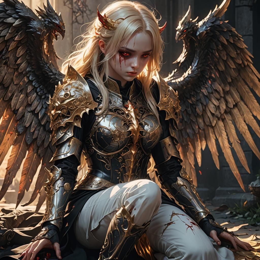 gigantic horror bloody demon in knees ask mercy beatiful blo...