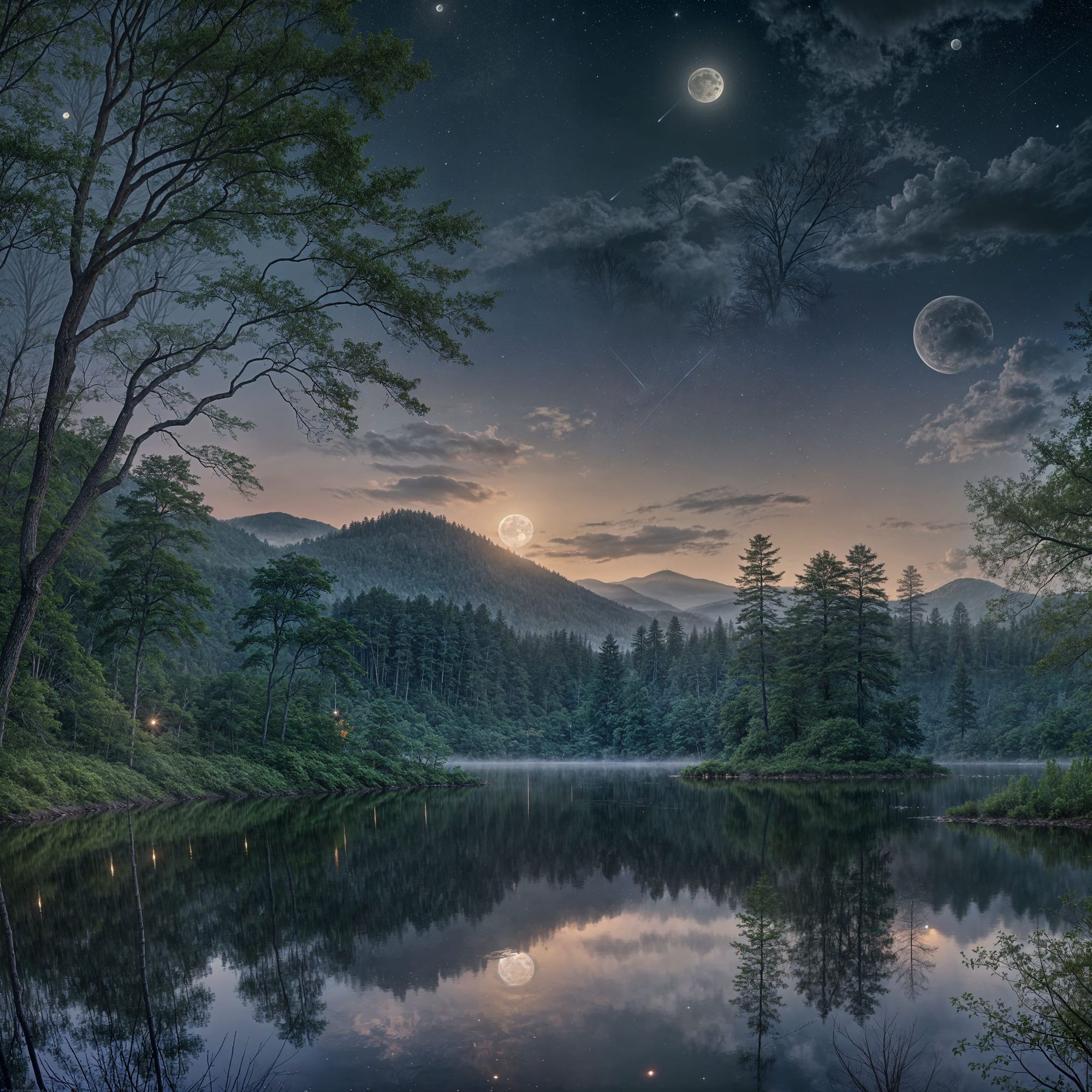 A serene and enchanting night scene with a full moon glowing brightly in the star-filled sky. The moonlight reflects off a tranquil lake sur...