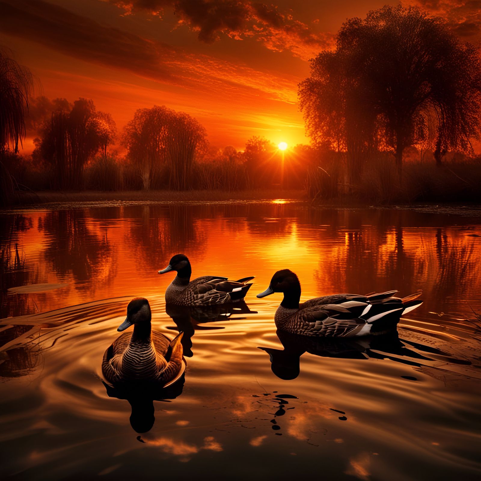 a beautiful orange sunset over a pond with ducks intricate details, HDR, beautifully shot, hyperrealistic, ...  by @Patsy 