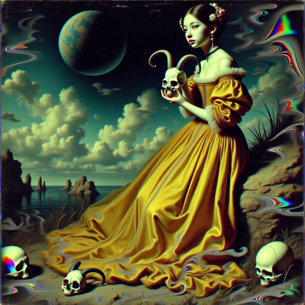 <lora:Sratoscuro:1.3> abstraction dated and faded analog photo, smooth oil textures, dark black orb in the sky, soft bloom, dramatic darknes...