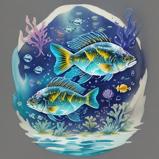 Pisces zodiac sign, two fish, watercolor, pencil sketch, ink...