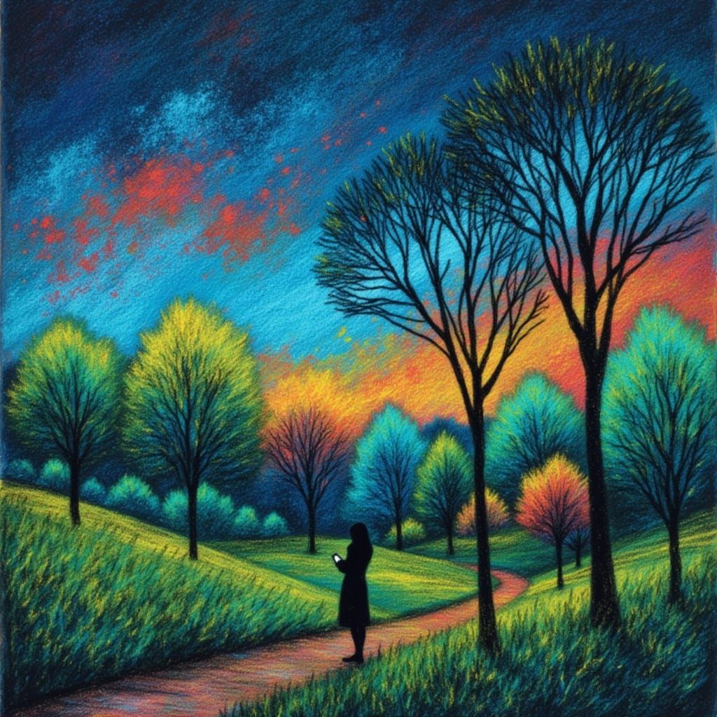 Impasto Scene: Lone Figure Under Crimson Sunset Sky