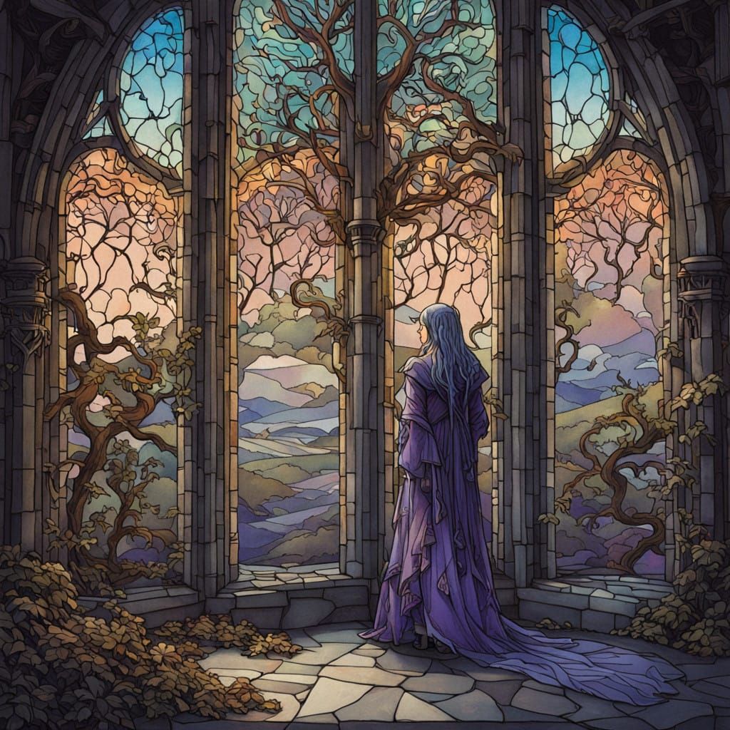 Art Nouveau,Stained glass,A quiet day now in Lindon,Elves have departed,TNo one dwells there now,Trees ...  by @The Bard